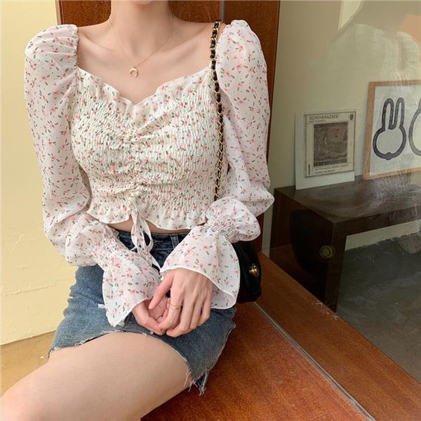 tie front chiffon floral womens shirts square neck crop puff sleeve shirt korean clothes vintage blouses, White
tie front chiffon floral womens shirts square neck crop puff sleeve shirt korean clothes vintage blouses, White