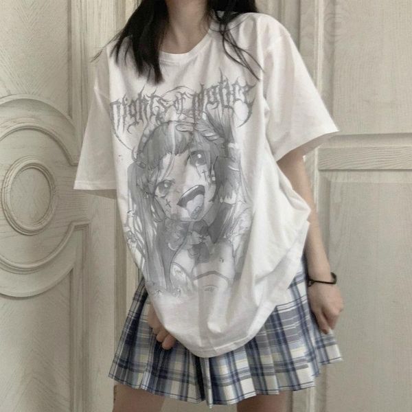 women's t-shirt harajuku style cartoon devil letters print summer tee girl goth kawaii 2021, White 
women's t-shirt harajuku style cartoon devil letters print summer tee girl goth kawaii 2021, White