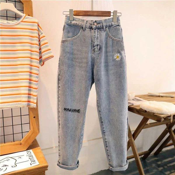 embroidered mom pants high waist loose harem jeans women's nine-point 2021 summer trend casual commuting comfort, Blue