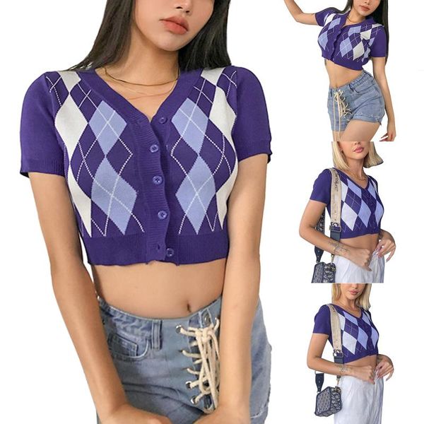 women's t-shirt 2021 women button front crop , casual short sleeve argyle print v neck knitted cardigans, White
women's t-shirt 2021 women button front crop , casual short sleeve argyle print v neck knitted cardigans, White