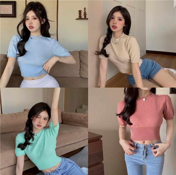 women's t-shirt pure desire style basic round neck candy color foreign short slim top, White
women's t-shirt pure desire style basic round neck candy color foreign short slim top, White