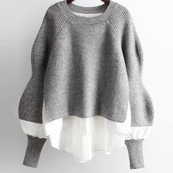 women's sweaters korean oversize knitted patchwork sweater ruffle lantern sleeve pullover, White;black
women's sweaters korean oversize knitted patchwork sweater ruffle lantern sleeve pullover, White;black