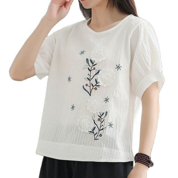 women's t-shirt cotton and linen shirt short sleeve 2021 summer loose embroidered slim women, White
women's t-shirt cotton and linen shirt short sleeve 2021 summer loose embroidered slim women, White