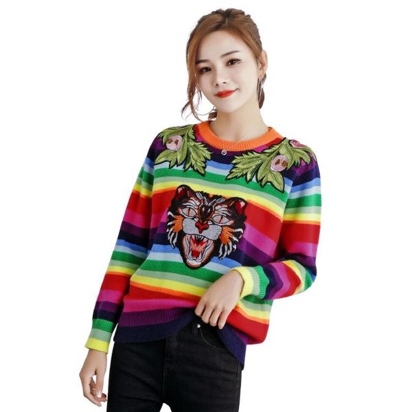 women's sweaters oeing designer inspired round-neck knitted jumper rainbow colors sweater embroidery pullover, White;black
women's sweaters oeing designer inspired round-neck knitted jumper rainbow colors sweater embroidery pullover, White;black