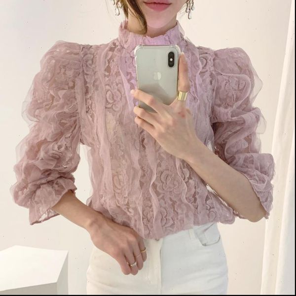 women sweet womens shirts mesh lace shirt ruffles crochet flower blouses stand collar puff sleeve female perspective, White
women sweet womens shirts mesh lace shirt ruffles crochet flower blouses stand collar puff sleeve female perspective, White