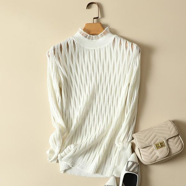 women's sweaters knitted hollow out solid women sweater and pullovers ruffles long-sleeved elastic office lady all match pulls outwear, White;black
women's sweaters knitted hollow out solid women sweater and pullovers ruffles long-sleeved elastic office lady all match pulls outwear, White;black