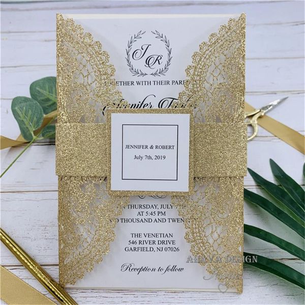 greeting cards luxury glitter laser cut wedding invitation with belly band and customized insert
greeting cards luxury glitter laser cut wedding invitation with belly band and customized insert