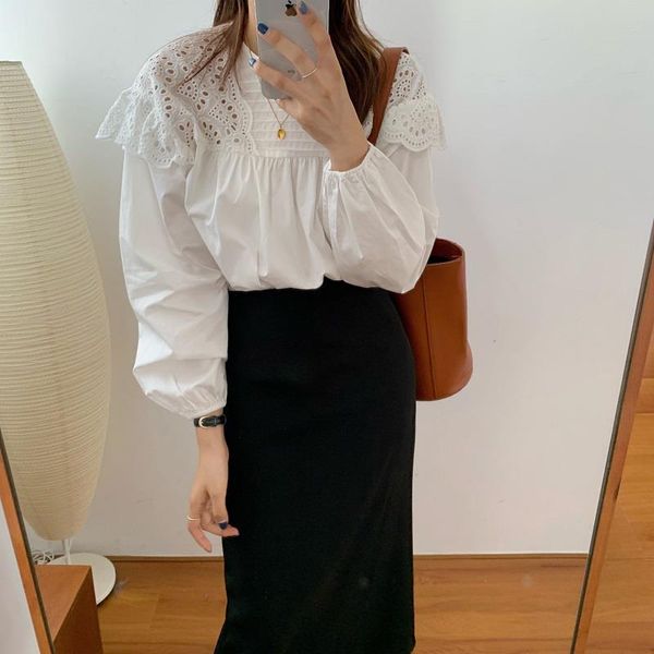 o neck hollow out vintage women blouses elegant spliced solid long sleeve korean loose blusas, White
o neck hollow out vintage women blouses elegant spliced solid long sleeve korean loose blusas, White