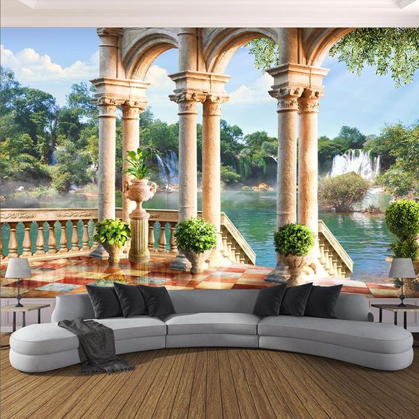 wallpapers custom wall cloth 3d space balcony waterfall scenery roman column po murals wallpaper living room bedroom papel de parede 3 d