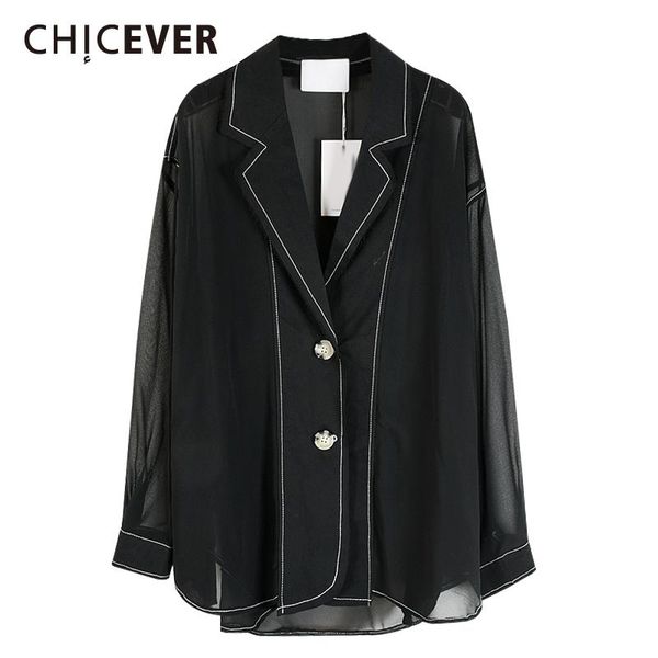 women's jackets chicever straight casual coat for women lapel collar long sleeve patchwork mesh solid coats female fashion 2021 clothin, Black;brown