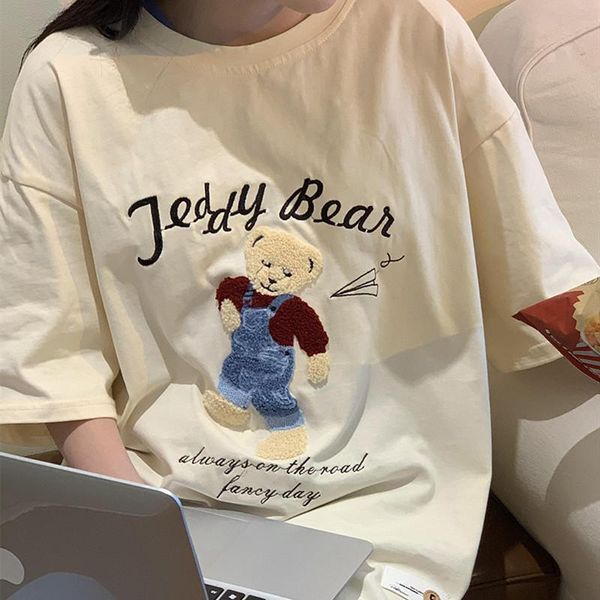 women's t-shirt harajuku vintage bear embroidery t shirts women basic cotton tshirts oversized summer streetwear tee plus size kawaii t, White
women's t-shirt harajuku vintage bear embroidery t shirts women basic cotton tshirts oversized summer streetwear tee plus size kawaii t, White