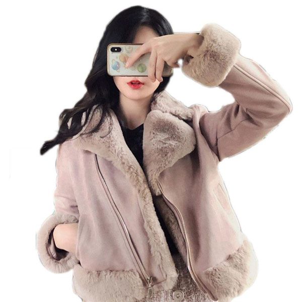 women's leather & faux biker jacket autumn and winter cute slim short fur motorcycle thick suede women coat ns764, Black