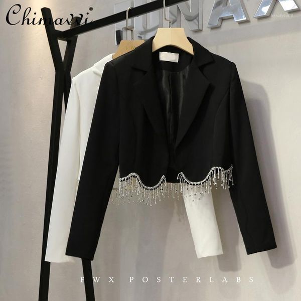 women's suits & blazers 2021 autumn fashion women long sleeve diamond tassel suit jacket notched collar solid color short top, White;black
women's suits & blazers 2021 autumn fashion women long sleeve diamond tassel suit jacket notched collar solid color short top, White;black