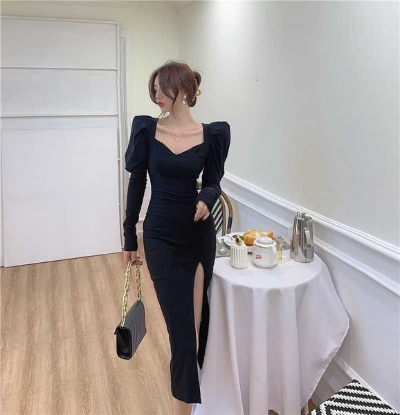 spring autumn sweet and spicy small black french bubble sleeve slim split long drs female, Black;gray
spring autumn sweet and spicy small black french bubble sleeve slim split long drs female, Black;gray