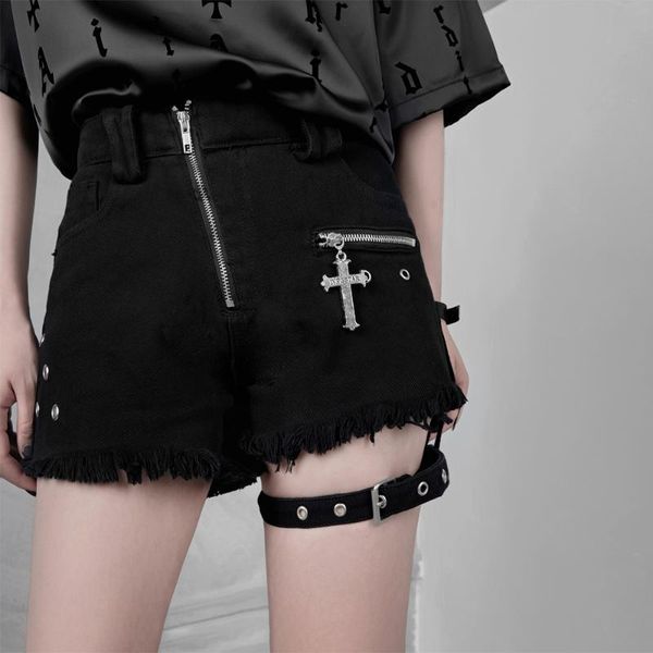 women's shorts y2k punk denim women dark fashion gothic girl chic zipper cross ring hanging bandage high waist summer, White;black
women's shorts y2k punk denim women dark fashion gothic girl chic zipper cross ring hanging bandage high waist summer, White;black
