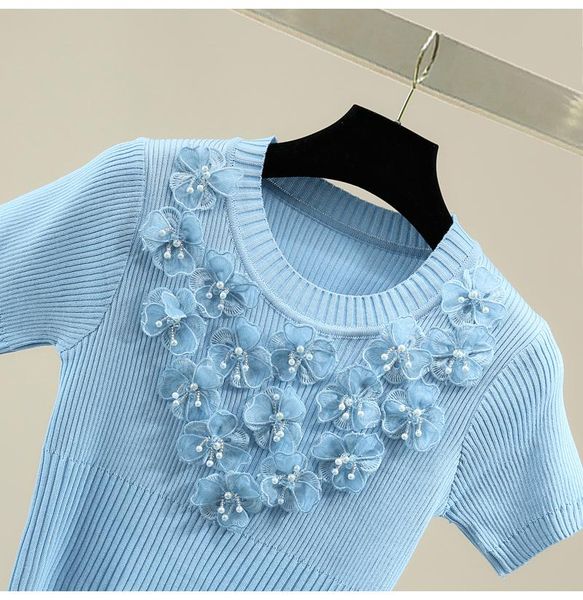 women's t-shirt three-dimensional flower beaded short sleeve stretch knitted women 2021 summer korean style slim fit crop femme, White
women's t-shirt three-dimensional flower beaded short sleeve stretch knitted women 2021 summer korean style slim fit crop femme, White