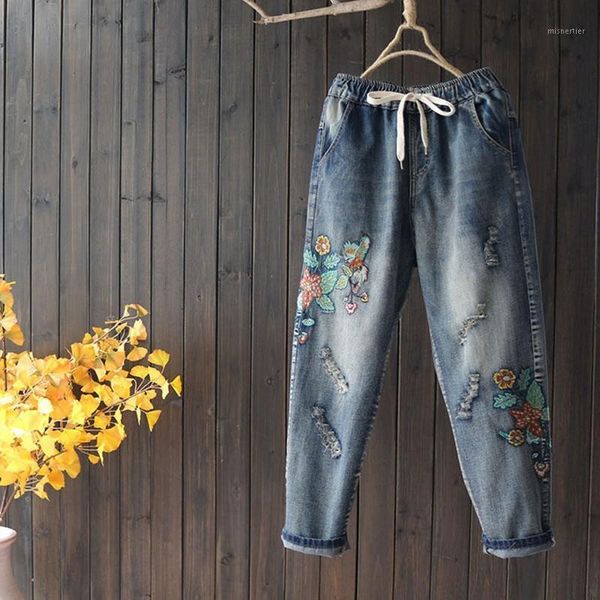 arrival spring korean style loose casual hole cotton denim straight jeans all-matched elastic waist embroidery a96 women's, Blue
arrival spring korean style loose casual hole cotton denim straight jeans all-matched elastic waist embroidery a96 women's, Blue