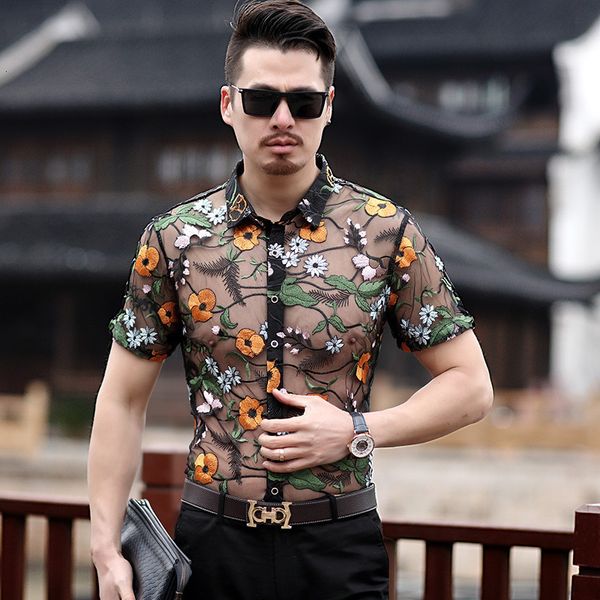 summer short-sleeve embroidered see through the flower ribbon shirt men homme marque luxe transparent mesh, White;black
summer short-sleeve embroidered see through the flower ribbon shirt men homme marque luxe transparent mesh, White;black