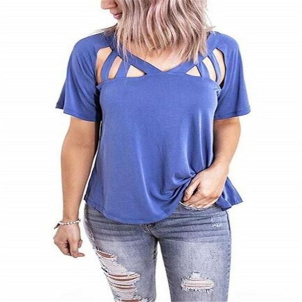 women's t-shirt donsignet fashion summer v-neck pullover solid color hollow loose short-sleeved shirt for clothing women, White
women's t-shirt donsignet fashion summer v-neck pullover solid color hollow loose short-sleeved shirt for clothing women, White