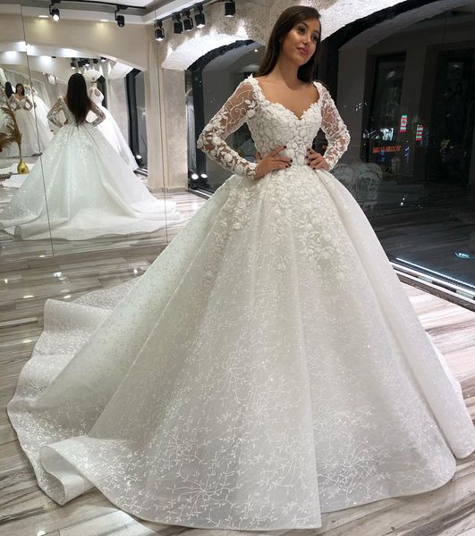 arabic aso ebi long sleeves lace ball gown wedding dress appliqued sequines court train corset back plus size bridal gowns, White
arabic aso ebi long sleeves lace ball gown wedding dress appliqued sequines court train corset back plus size bridal gowns, White