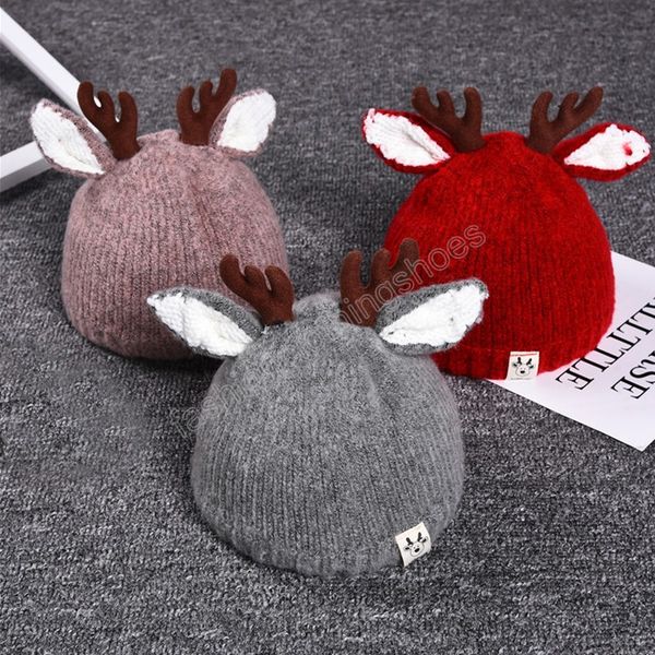 christmas baby hat with ear cartoon elk autumn winter kids children beanie cap solid color crochet girl boy bonnet hats, Yellow