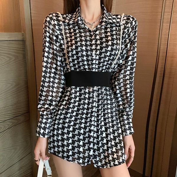 women's blouses & shirts streetwear button up houndstooth shirt with pearls sling belt ladies elegant chiffon femme fashion casual blus, White
women's blouses & shirts streetwear button up houndstooth shirt with pearls sling belt ladies elegant chiffon femme fashion casual blus, White