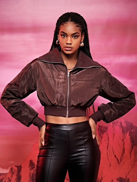collared zip up crop jacket b56j#, Black;brown
collared zip up crop jacket b56j#, Black;brown