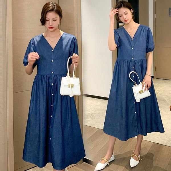 maternity dresses 654# clothes summer short sleeves v neck denim plain color loose stylish dress pregnant women pregnancy, White 
maternity dresses 654# clothes summer short sleeves v neck denim plain color loose stylish dress pregnant women pregnancy, White