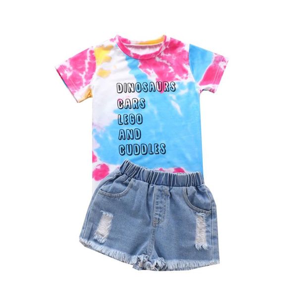 2pcs little girls outfit, toddlers creative random dyeing letter printing round collar short sleeve + ripped denim shorts clothing sets, White
2pcs little girls outfit, toddlers creative random dyeing letter printing round collar short sleeve + ripped denim shorts clothing sets, White