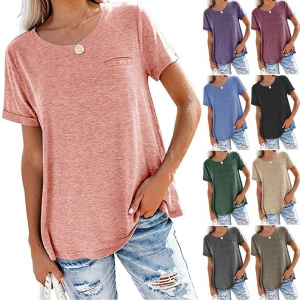 women's t-shirt european and american round neck pocket solid color loose short sleeve, White
women's t-shirt european and american round neck pocket solid color loose short sleeve, White