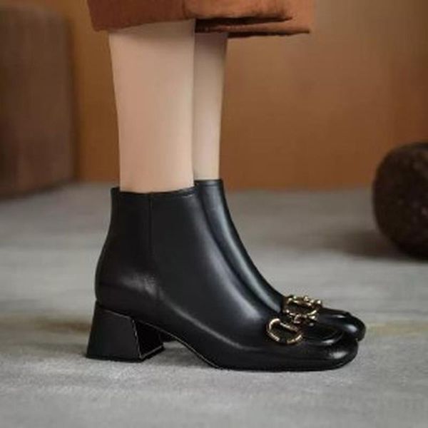 boots 2021 the metal decoration women's ankle real leather square toe thick heel high ladies work fashion, Black
boots 2021 the metal decoration women's ankle real leather square toe thick heel high ladies work fashion, Black