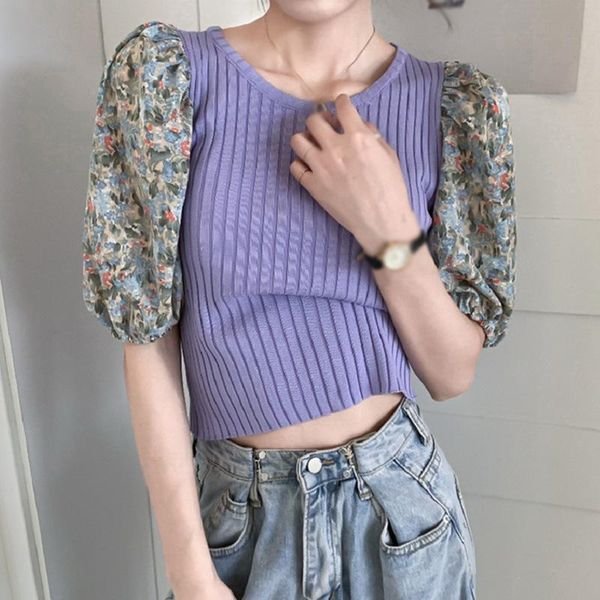 women's t-shirt south korea summer women sweet round neck flower stitching slim knitted short sleeves, White
women's t-shirt south korea summer women sweet round neck flower stitching slim knitted short sleeves, White