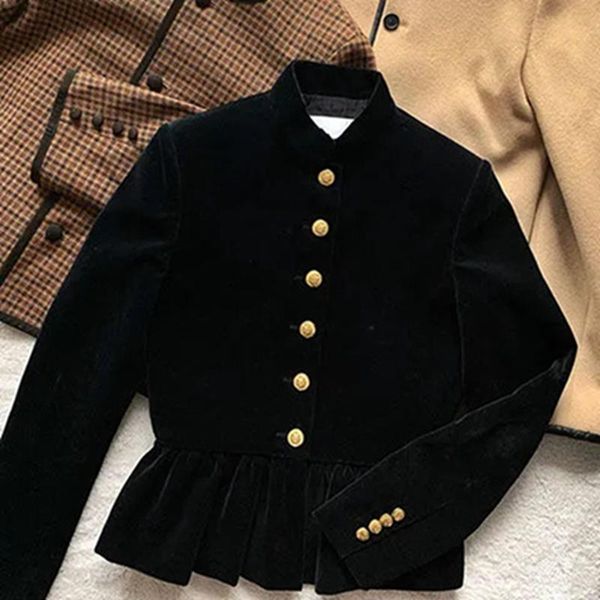 women's jackets fashion ladies black velvet jacket design spring autumn stand collar ruffles slim waist single-breasted long-sleeved co, Black;brown
women's jackets fashion ladies black velvet jacket design spring autumn stand collar ruffles slim waist single-breasted long-sleeved co, Black;brown