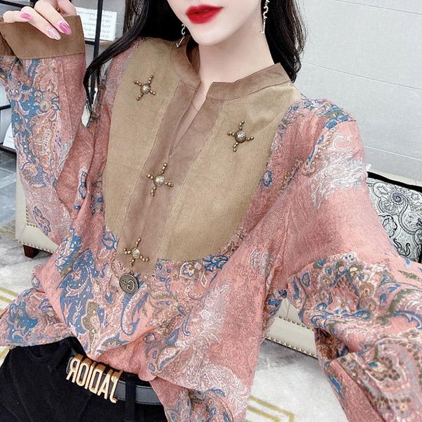 spring dress vertical collar floral long sleeve shirt, western style loose leather female women's blouses & shirts, White
spring dress vertical collar floral long sleeve shirt, western style loose leather female women's blouses & shirts, White