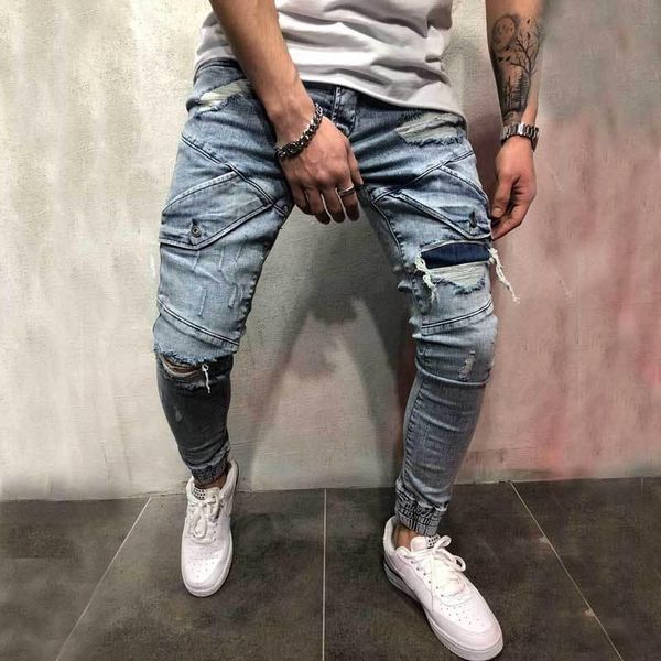 men's jeans slim fit denim all-match stitching ripped pencil pants for vacation dating travelling party, Blue
men's jeans slim fit denim all-match stitching ripped pencil pants for vacation dating travelling party, Blue