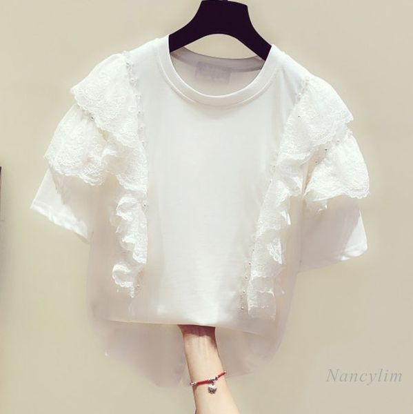t shirt beads lace stitching round neck short sleeved t-shirt for women summer korean style casual fashion ladies tees, White
t shirt beads lace stitching round neck short sleeved t-shirt for women summer korean style casual fashion ladies tees, White