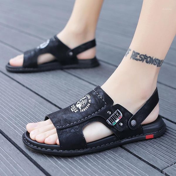 sandals fashion brand men's 2021 summer leather casual beach shoes platform non-slip slippers1, Black