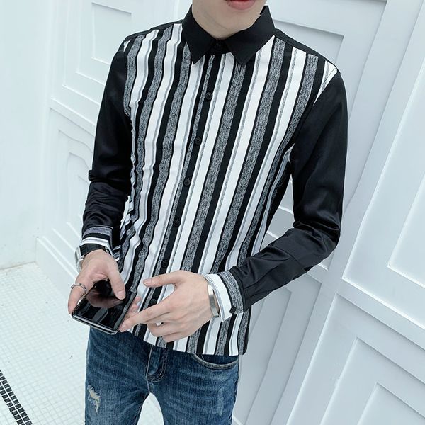t shirts black/white long sleeve striped for men's clothes 2021 simple casual night club fine fit chemise design homme bpjj, White;black
t shirts black/white long sleeve striped for men's clothes 2021 simple casual night club fine fit chemise design homme bpjj, White;black