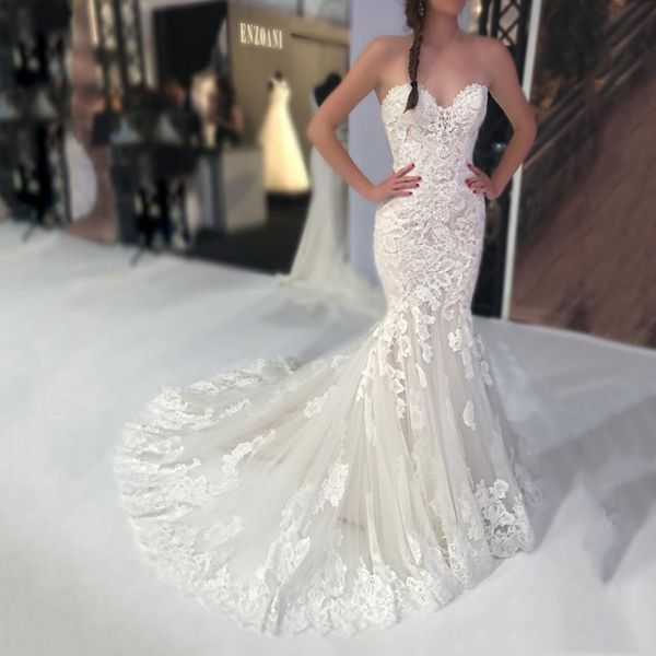 strapless lace mermaid wedding dresses appliqued bridal gowns sweetheart sweep train tulle plus size vestidos de novia, White
strapless lace mermaid wedding dresses appliqued bridal gowns sweetheart sweep train tulle plus size vestidos de novia, White