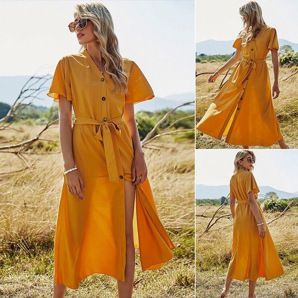 racing sets long dress yellow ladies fashion v neck buttons belted summer dresses for women casual holiday a line clothes, Black;blue
racing sets long dress yellow ladies fashion v neck buttons belted summer dresses for women casual holiday a line clothes, Black;blue