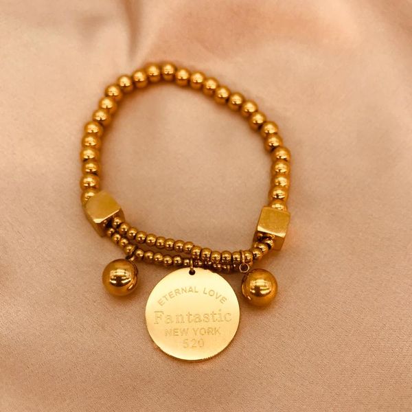 beaded, strands 2021 autumn stretch line beads, gold coin bracelet, elastic titanium steel plated 18k genuine, Black