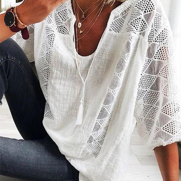 women's blouses & shirts sleeve casual women blouse v neck three quarter hollow out loose ladies shirt lace-up office work wear summer, White
women's blouses & shirts sleeve casual women blouse v neck three quarter hollow out loose ladies shirt lace-up office work wear summer, White
