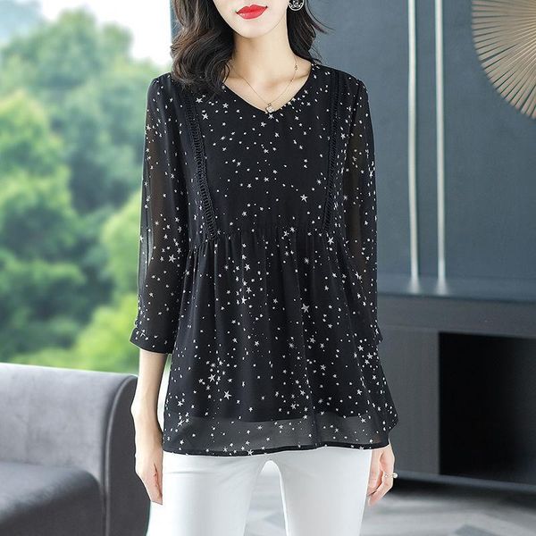 v neck 3 4 sleeve womens shirt chiffon mid length geometric print stars loose thin section cool stitching blouses women, White
v neck 3 4 sleeve womens shirt chiffon mid length geometric print stars loose thin section cool stitching blouses women, White