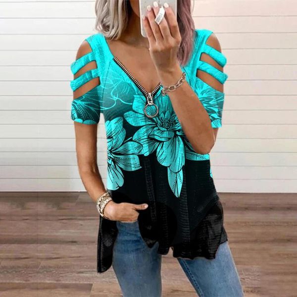 women's t-shirt hollow should floral print zipper decorative women summer short sleeve v-neck oversized elegant fashion tee 5xl, White
women's t-shirt hollow should floral print zipper decorative women summer short sleeve v-neck oversized elegant fashion tee 5xl, White