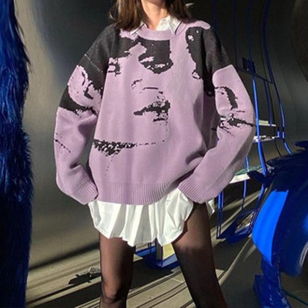 women's sweaters 2021 trend portrait printing color contrast round neck long sleeve sweater women fashion high street autumn winter, White;black
women's sweaters 2021 trend portrait printing color contrast round neck long sleeve sweater women fashion high street autumn winter, White;black