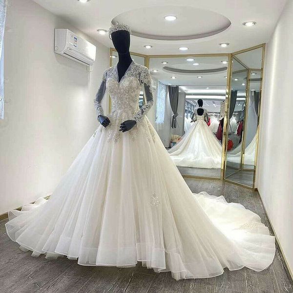 long sleeve lace wedding dresses princess a line tulle appliques sweep train, White
long sleeve lace wedding dresses princess a line tulle appliques sweep train, White