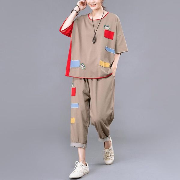 female summer literary plus size stitching patch round neck curling casual loose suit women's two piece pants, White
female summer literary plus size stitching patch round neck curling casual loose suit women's two piece pants, White