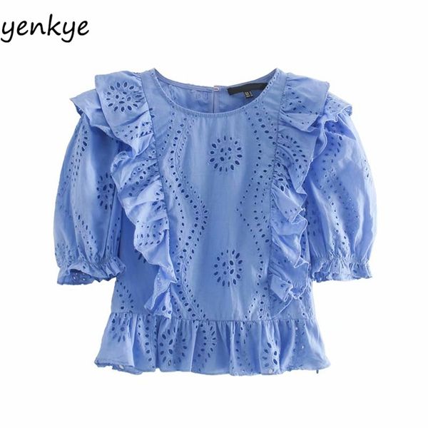 vintage blue openwork embroidery blouse women round neck short sleeve ruffle crop streetwear cotton summer 210514, White
vintage blue openwork embroidery blouse women round neck short sleeve ruffle crop streetwear cotton summer 210514, White
