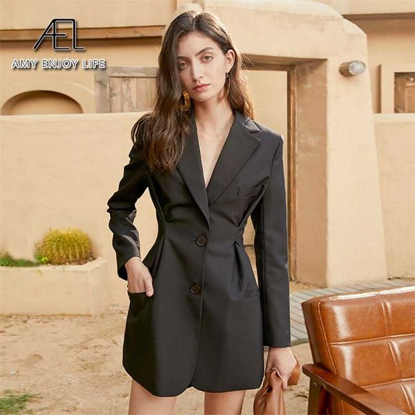 ael women long blazer pink elegant slim waist minidress year party spring women's wear 211006, White;black
ael women long blazer pink elegant slim waist minidress year party spring women's wear 211006, White;black