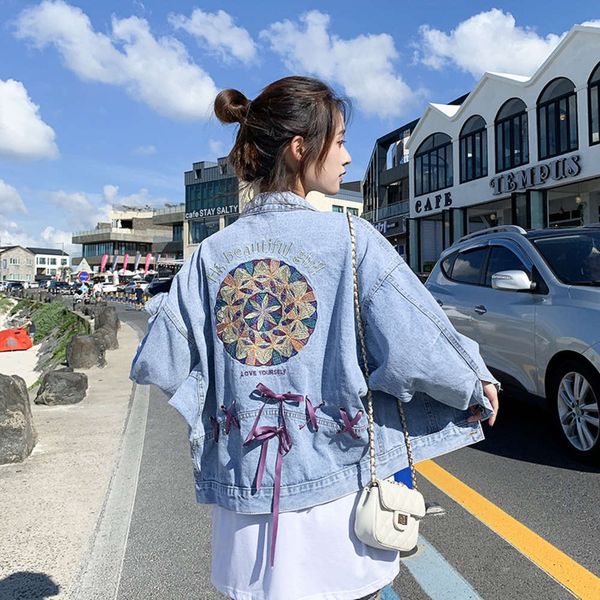 net red same short denim coat women's autumn embroidery flower bandage loose net, Black;brown
net red same short denim coat women's autumn embroidery flower bandage loose net, Black;brown